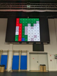 Nach dem Wettbewerb haben die Veranstalter eine vollständige Lösung der Roboteraufgabe auf dem großen Bildschirm in der Wettbewerbshalle gezeigt.